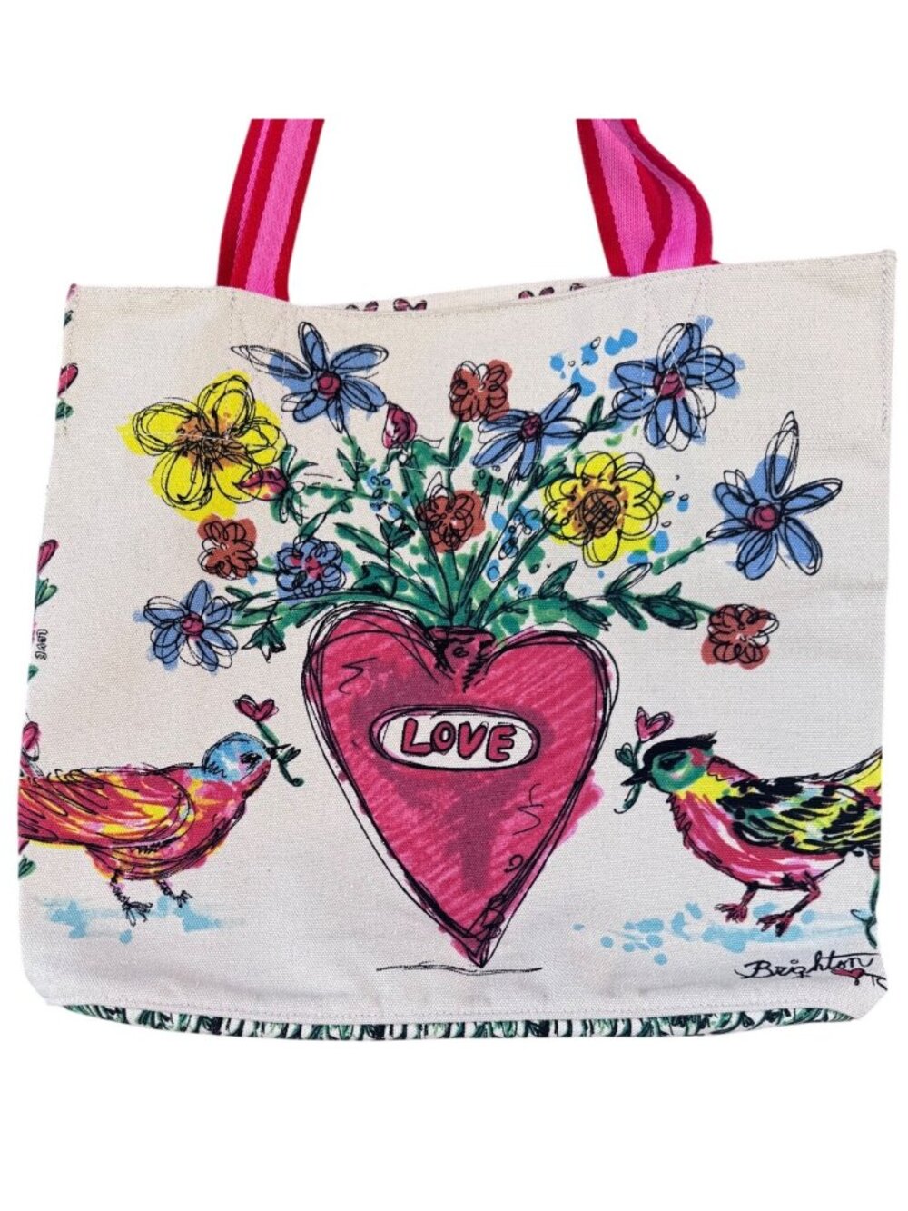 Brighton Love Floral Heart Canvas Tote Bag With Pink Striped Handles - 16" x 14"